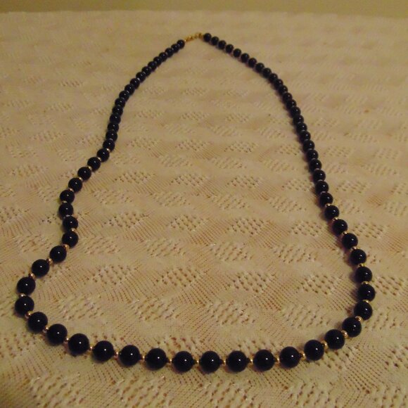 Vintage Monet Necklace, Black Beads with Gold Tone Spacers, 30.75 inches long - Picture 1 of 6